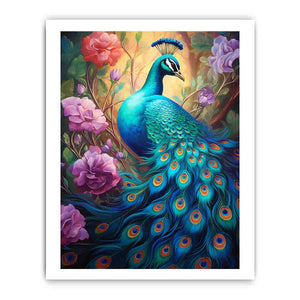 Bold teal peacock canvas art with roses for luxury living room decor.