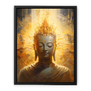 Golden Buddha canvas art with radiant light for peaceful meditation room decor.