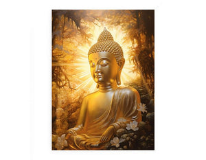 Seated golden Buddha canvas art in a sunlit forest for peaceful home decor.