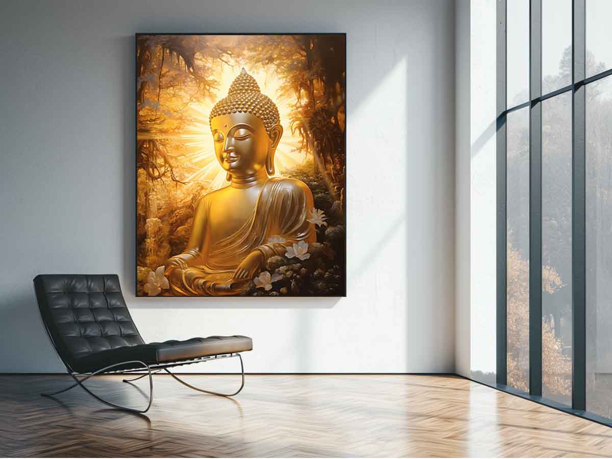 Seated golden Buddha canvas art in a sunlit forest for peaceful home decor.