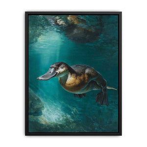 Platypus underwater canvas art in soft green tones for calm bedroom or bathroom decor.