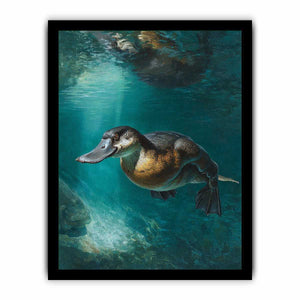Platypus underwater canvas art in soft green tones for calm bedroom or bathroom decor.