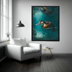 Platypus underwater canvas art in soft green tones for calm bedroom or bathroom decor.