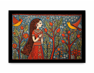 Madhubani folk art canvas with woman birds and trees for colorful living room decor.