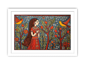 Madhubani folk art canvas with woman birds and trees for colorful living room decor.