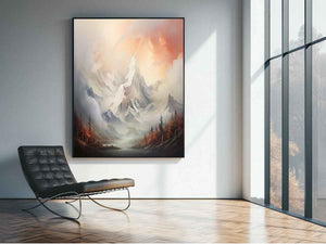 Soft snowy mountain canvas art for serene neutral living room decor.