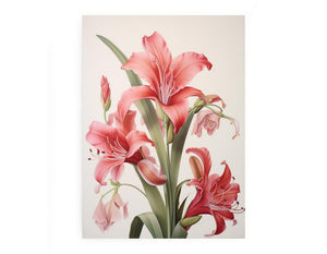 Coral pink lily botanical canvas art for elegant bedroom and living room decor.
