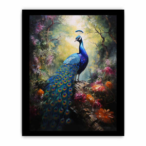 Moody peacock canvas art in a lush forest garden for luxury living room decor.