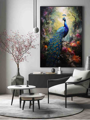 Moody peacock canvas art in a lush forest garden for luxury living room decor.