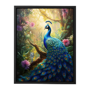 Sunlit blue peacock canvas art with lush flowers for vibrant living room decor.