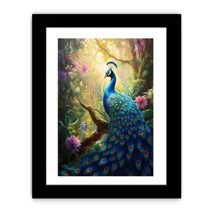 Sunlit blue peacock canvas art with lush flowers for vibrant living room decor.