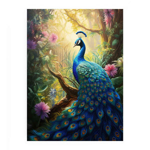 Sunlit blue peacock canvas art with lush flowers for vibrant living room decor.