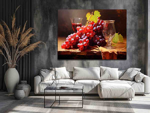 Vintage grape still life canvas art with glassware for dining room decor.