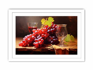 Vintage grape still life canvas art with glassware for dining room decor.