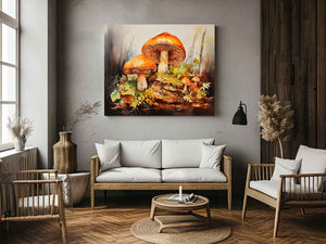 Autumn Fungi botanical watercolor canvas art for bedroom or cozy office decor.