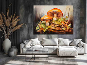 Autumn Fungi botanical watercolor canvas art for bedroom or cozy office decor.