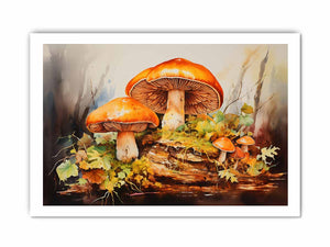 Autumn Fungi botanical watercolor canvas art for bedroom or cozy office decor.