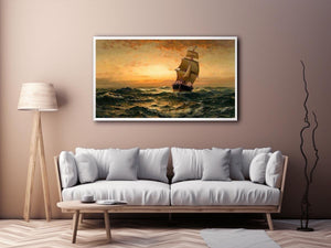 Ship at Sea, Sunset by Edward Moran Painting