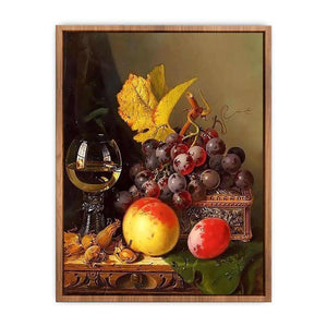 A Still Life of Black Grapes, a Peach, a Plum, Hazelnuts, a Metal Casket and a Wine Glass on a Carved Wooden Ledge Poster