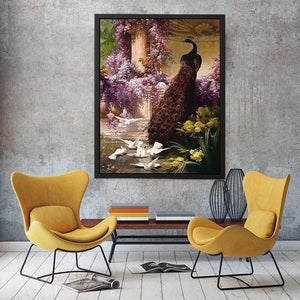 A Peacock and Doves in a Garden by Eugene Bidau Painting
