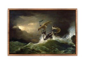 A First rate Man-of-War driven onto a reef of rocks, floundering in a gale Poster