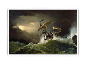 A First rate Man-of-War driven onto a reef of rocks, floundering in a gale Framed Print