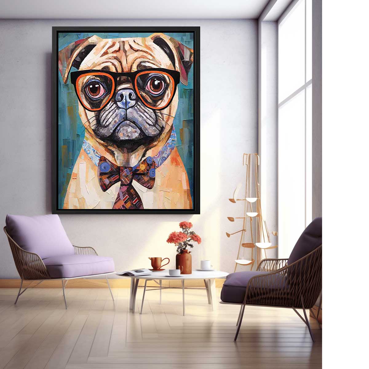 Modern Pug Dog with Glasses Painting