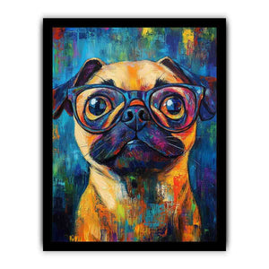 Colourful pug with glasses canvas art for playful office decor.