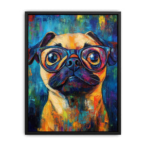 Colourful pug with glasses canvas art for playful office decor.