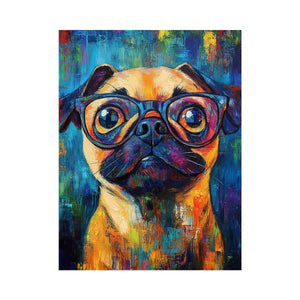 Colourful pug with glasses canvas art for playful office decor.