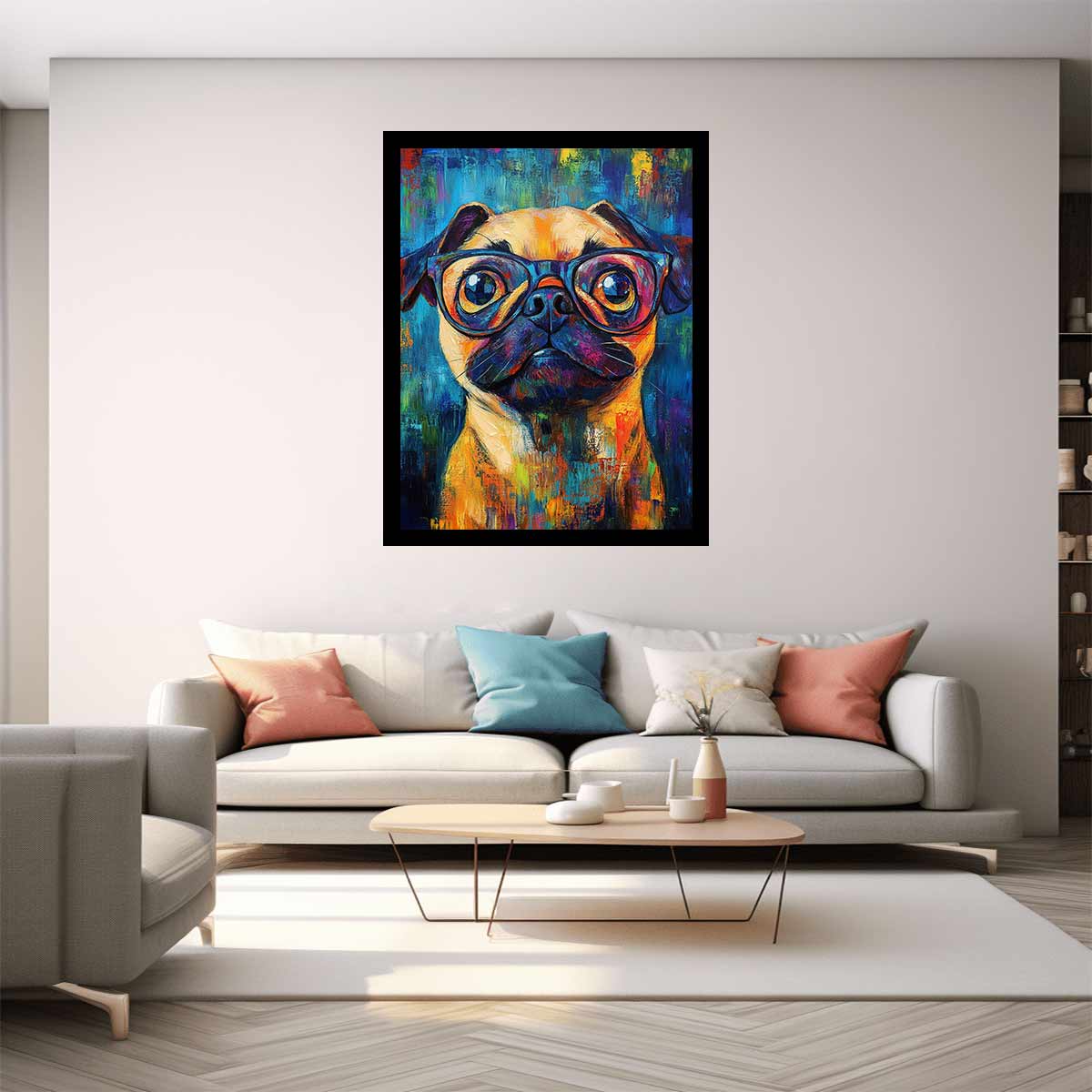Colourful pug with glasses canvas art for playful office decor.