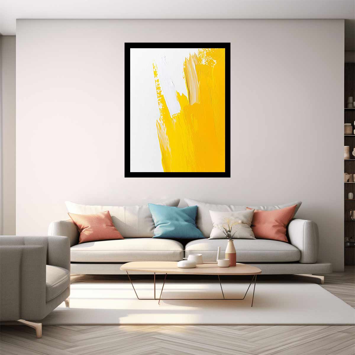 Minimal yellow brushstroke canvas art for bright bedroom wall decor.