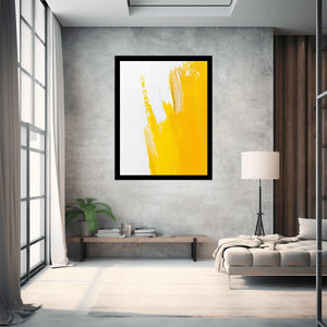 Minimal yellow brushstroke canvas art for bright bedroom wall decor.