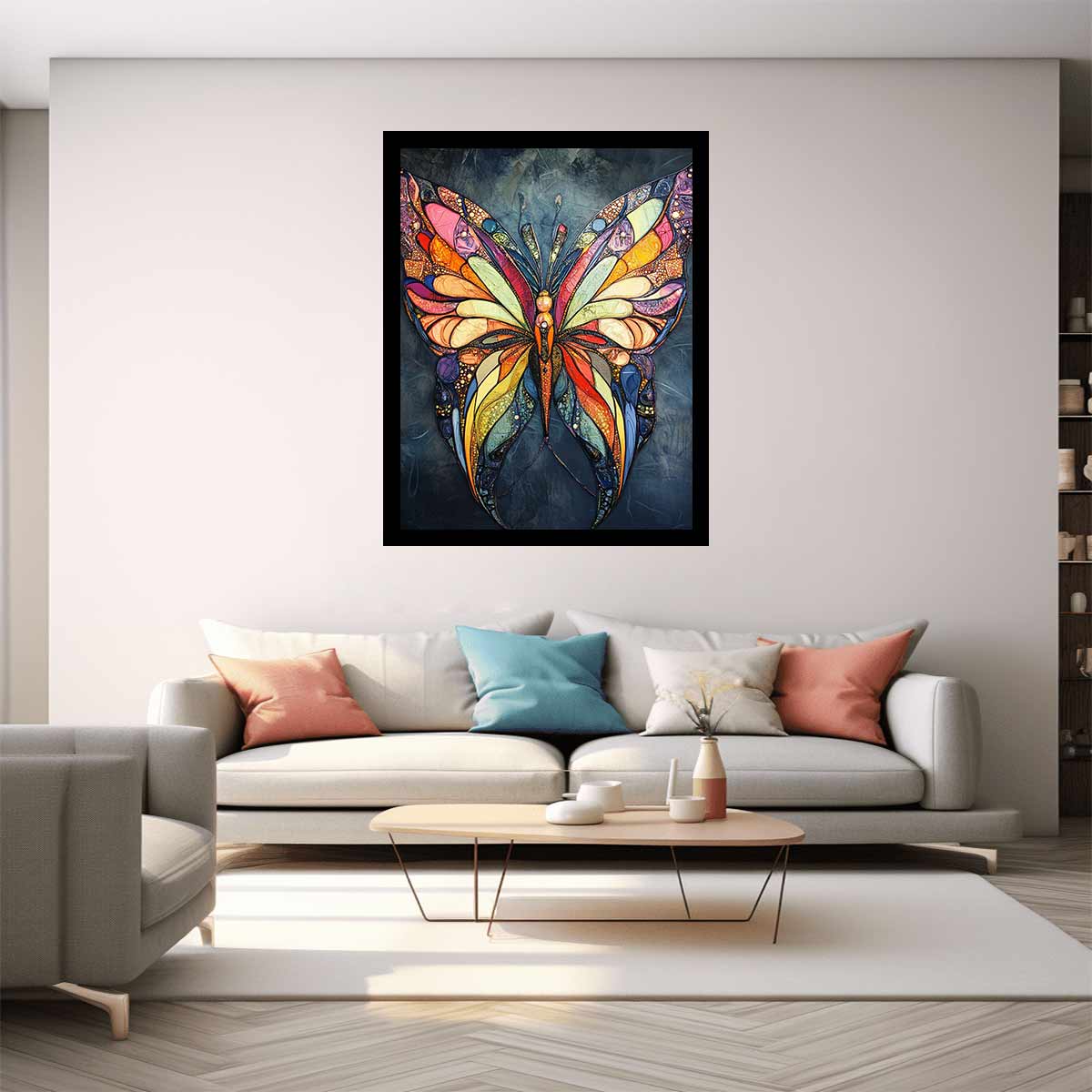 Colourful butterfly canvas art for whimsical bedroom and nursery decor.