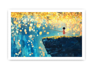 Whimsical child fishing canvas art with glowing lanterns for bedroom decor.