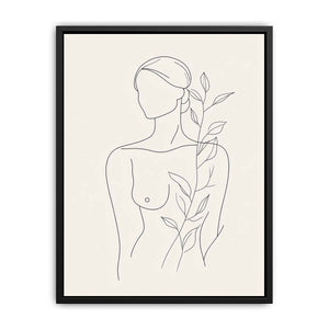 Minimal woman line art with botanical leaves for calm bedroom decor.