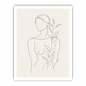 Minimal woman line art with botanical leaves for calm bedroom decor.