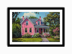 Pink cottage garden painting for cheerful farmhouse living room decor.