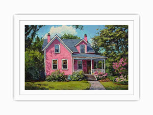 Pink cottage garden painting for cheerful farmhouse living room decor.