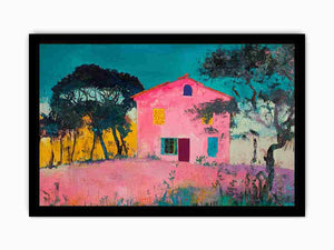 Bold pink villa painting with teal sky for eclectic modern wall decor.