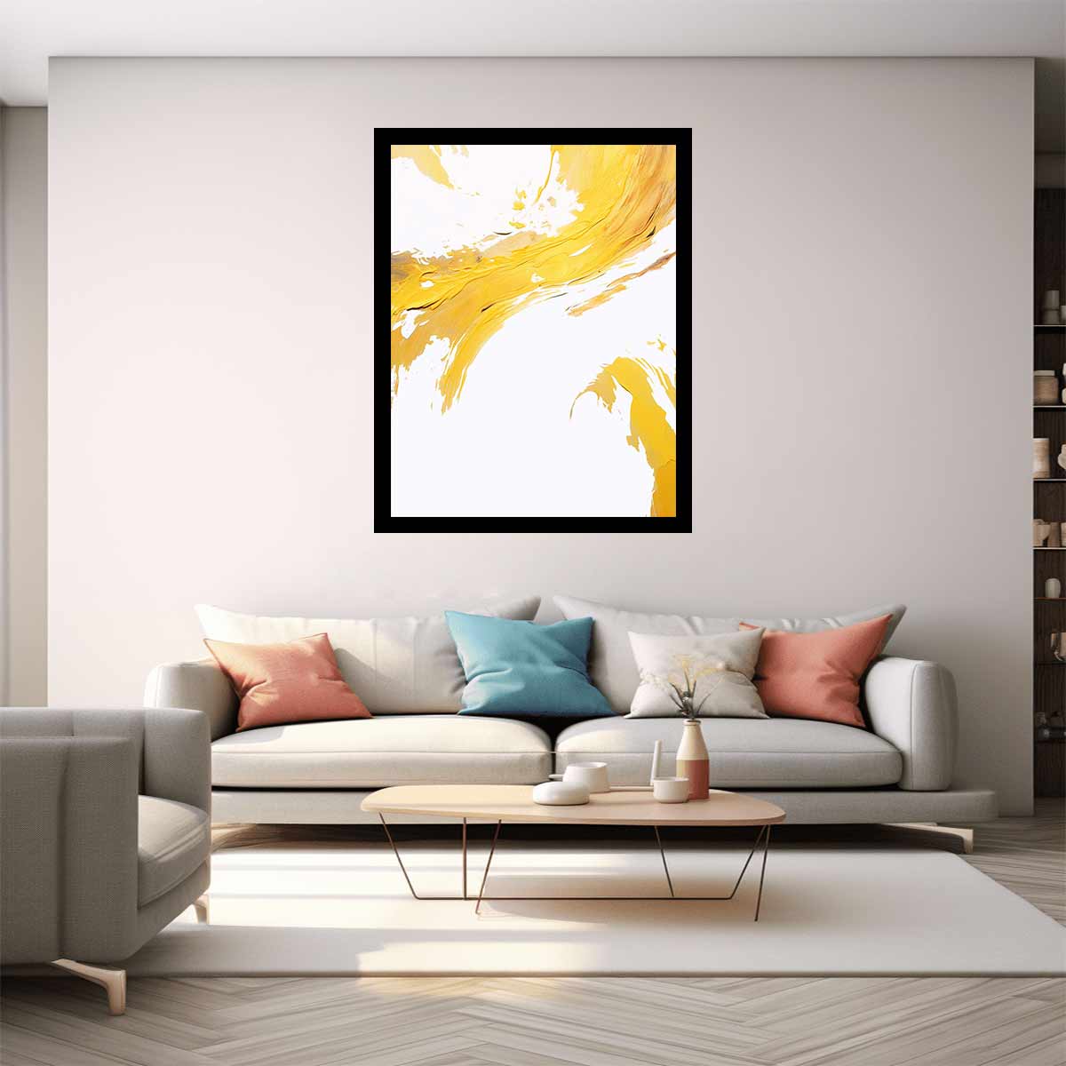 Yellow and white abstract canvas art for bright modern bedroom decor.