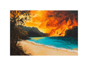 Dramatic tropical cove painting with orange sky for statement wall art.