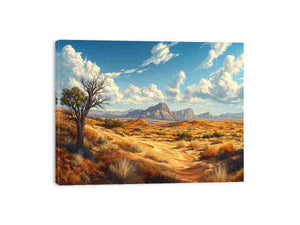 Warm desert landscape with mountains and sky for earthy living room decor.