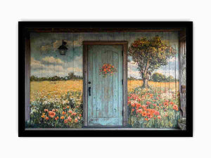 Rustic blue door with meadow flowers for cottage entryway wall decor.