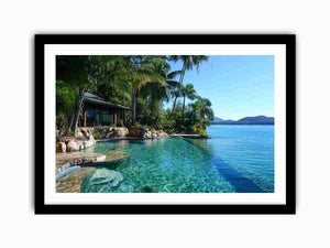 Tropical lagoon pool photograph for luxury coastal living room decor.