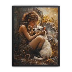 Warm girl and white dog painting for heartfelt bedroom wall art.
