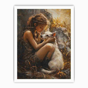Warm girl and white dog painting for heartfelt bedroom wall art.