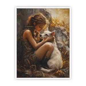 Warm girl and white dog painting for heartfelt bedroom wall art.