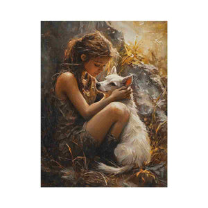 Warm girl and white dog painting for heartfelt bedroom wall art.