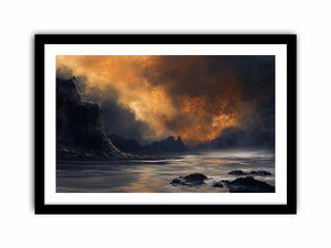 Dark stormy ocean landscape with glowing sky for moody luxury decor.